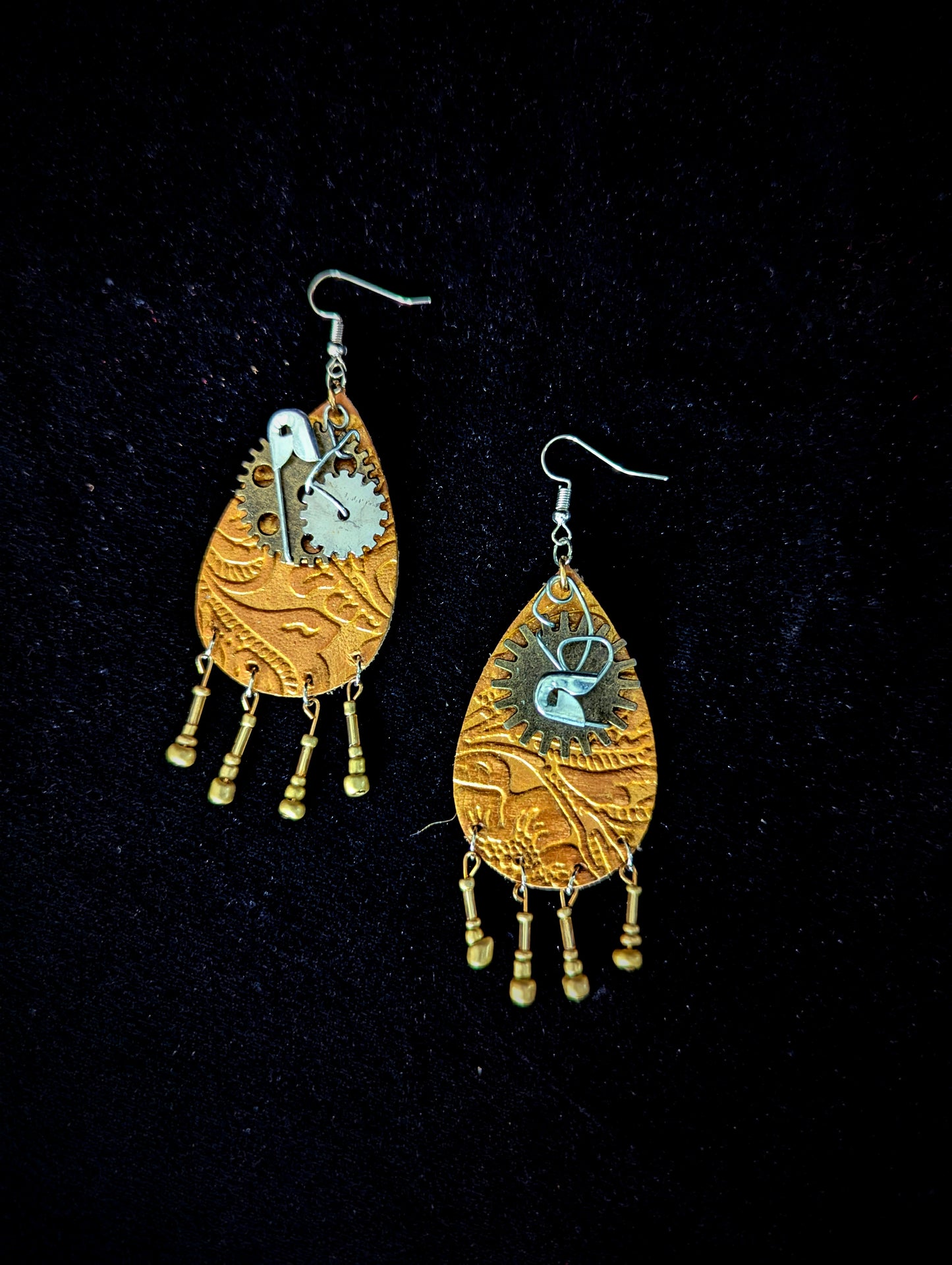 Beige Steampunk Gear Leather Drop Earrings