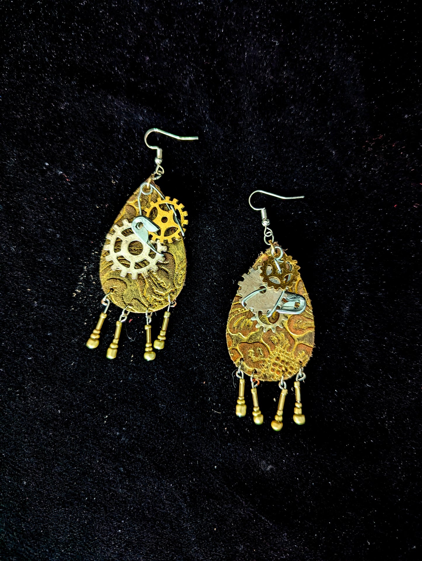 Brown Steampunk Gear Leather Drop Earrings