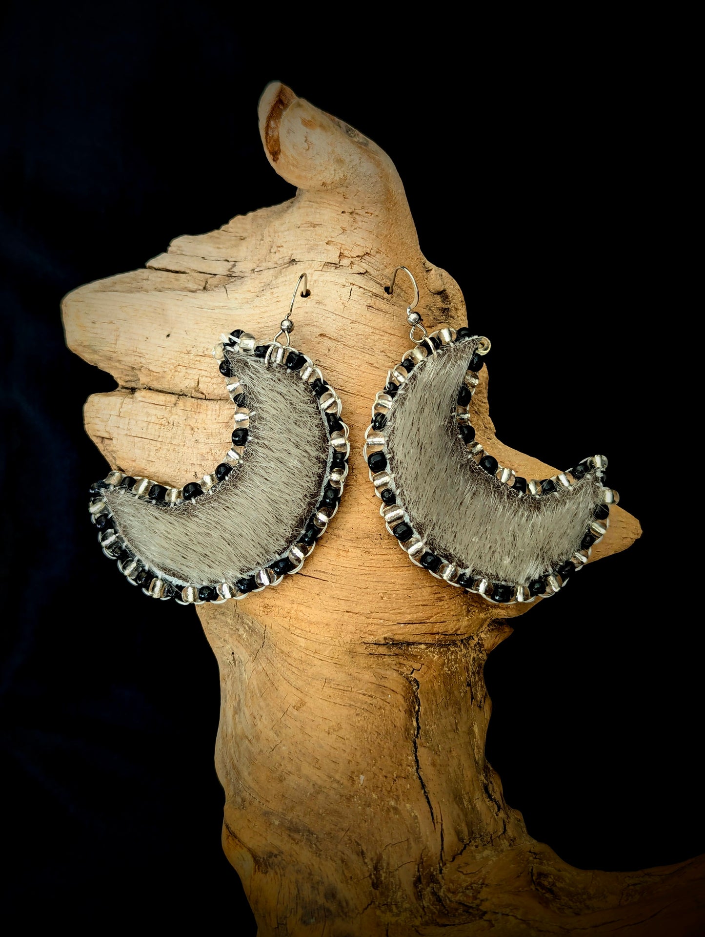 Recycled Sealskin Big Moon Earrings black & white