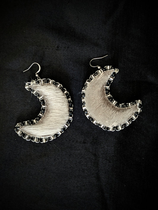 Recycled Sealskin Big Moon Earrings black & white