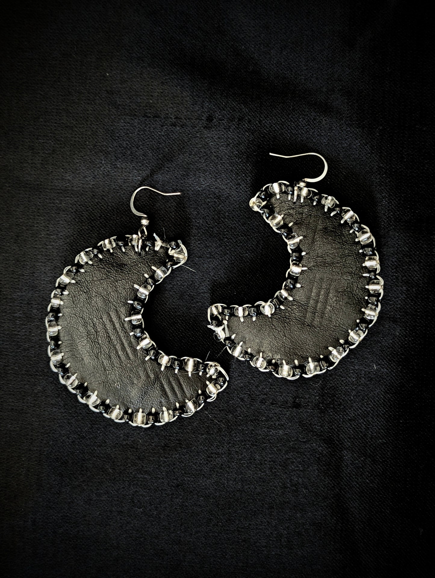 Recycled Sealskin Big Moon Earrings black & white