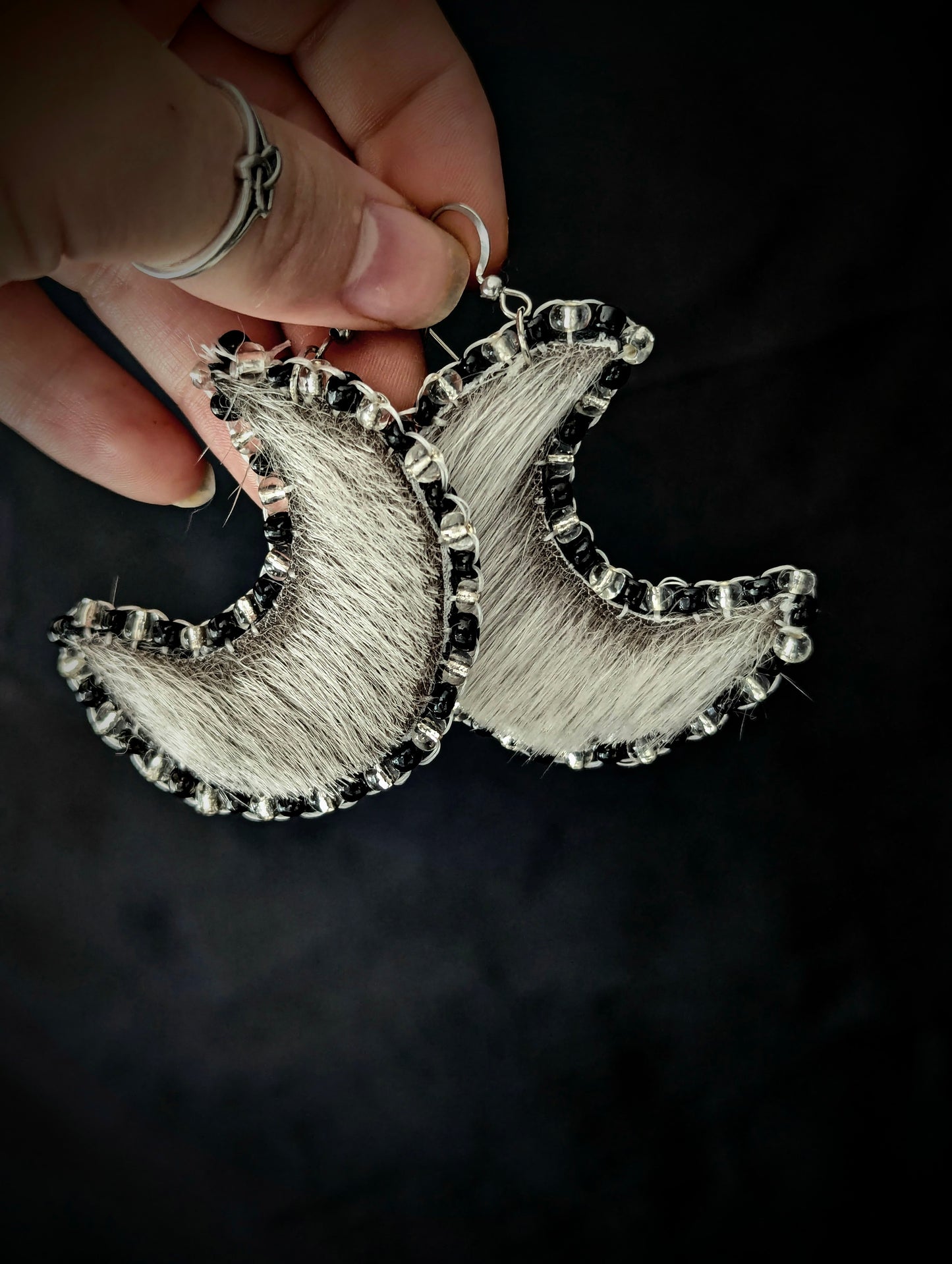 Recycled Sealskin Big Moon Earrings black & white