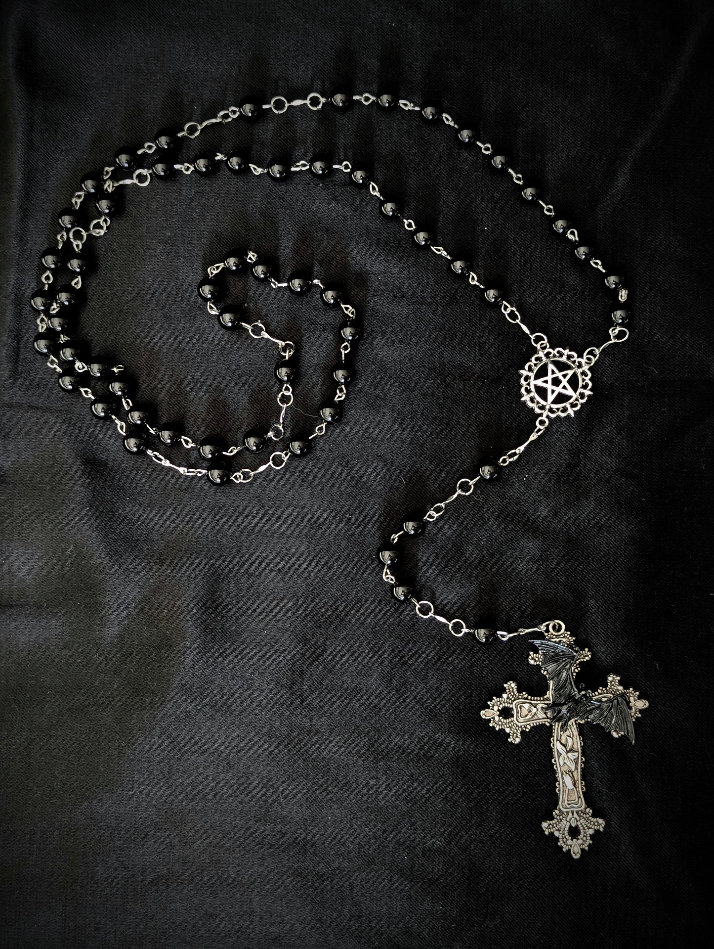 Onyx Rosary with bat cross