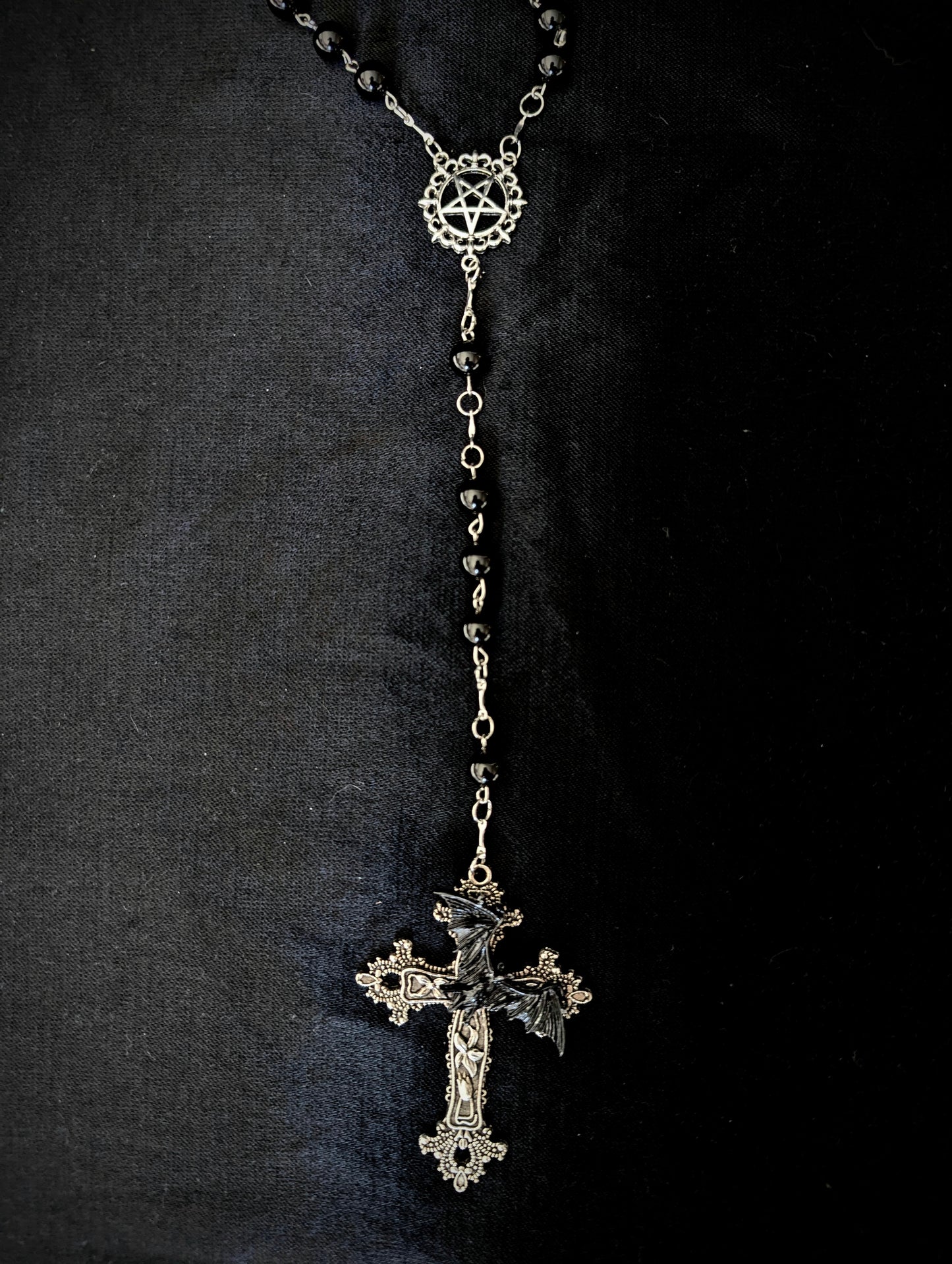 Onyx Rosary with bat cross