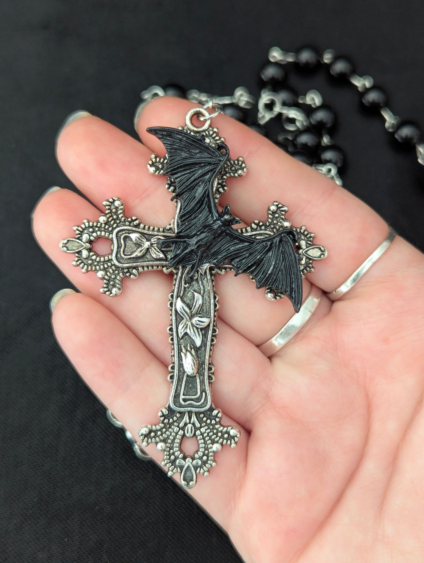 Onyx Rosary with bat cross