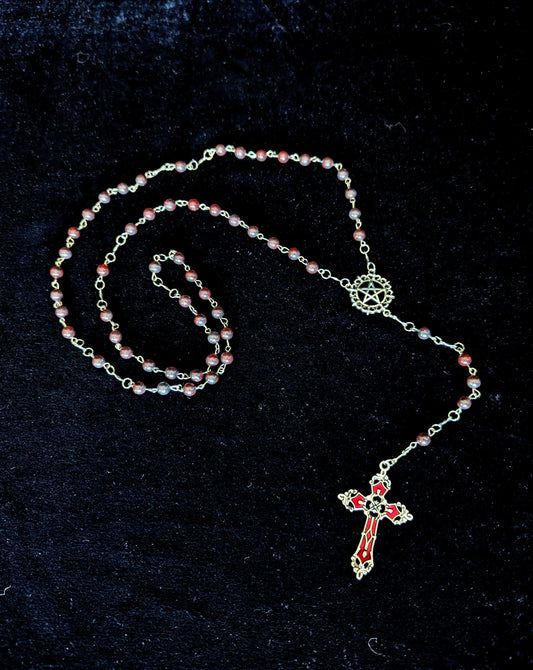 Black & Red Jasper Rosary with Pentagram and Red Cross - Curiosia Bazar