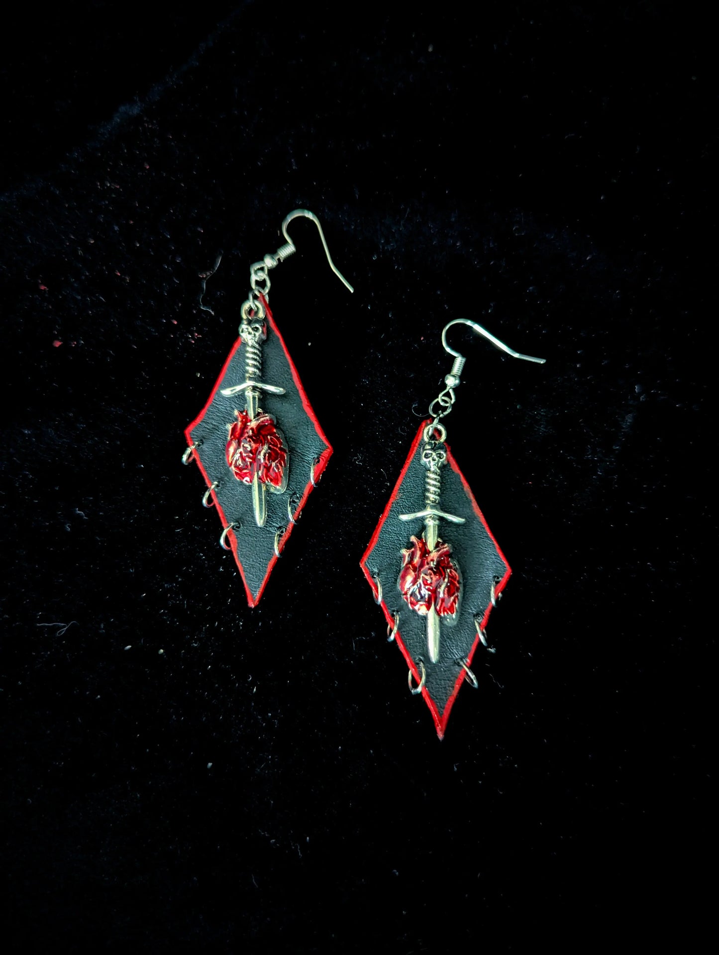 Sword Through Heart Leather Earrings - Curiosia Bazar