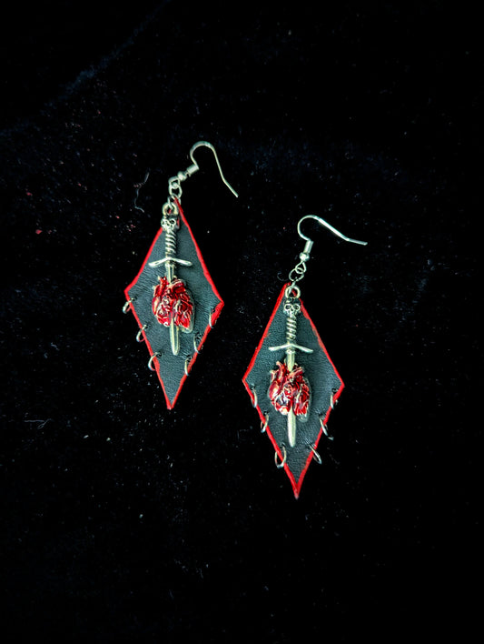 Sword Through Heart Leather Earrings - Curiosia Bazar