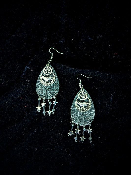 Occult Crow & Pentagram Leather Earrings