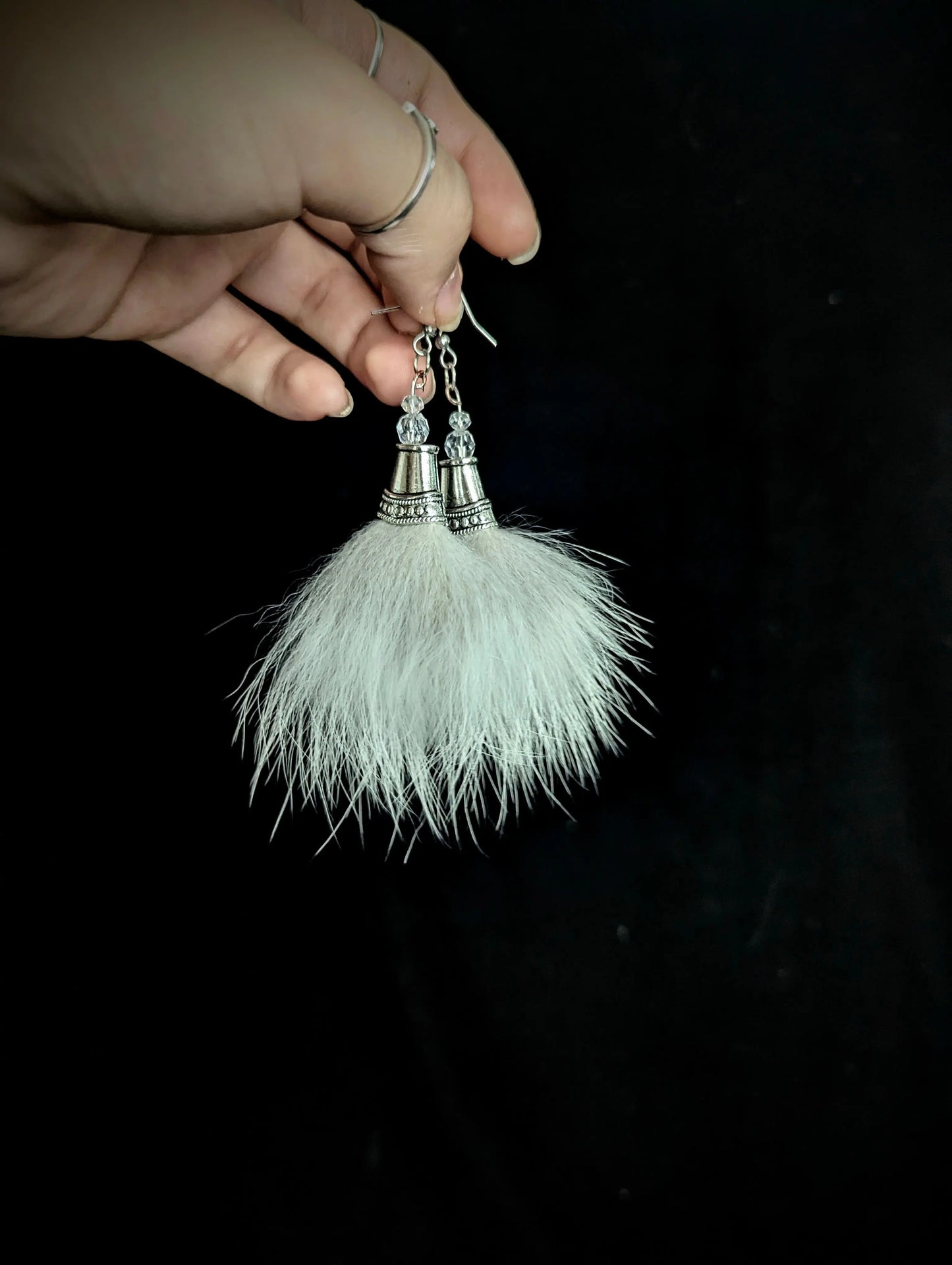 Recycled White Fur Tassel Earrings - Curiosia Bazar