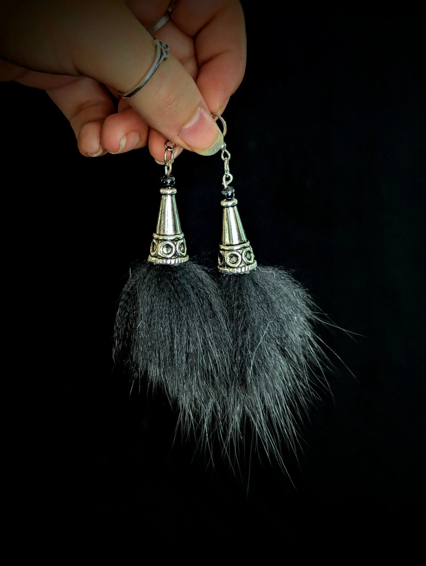 Black Fur Tassel Earrings - Curiosia Bazar