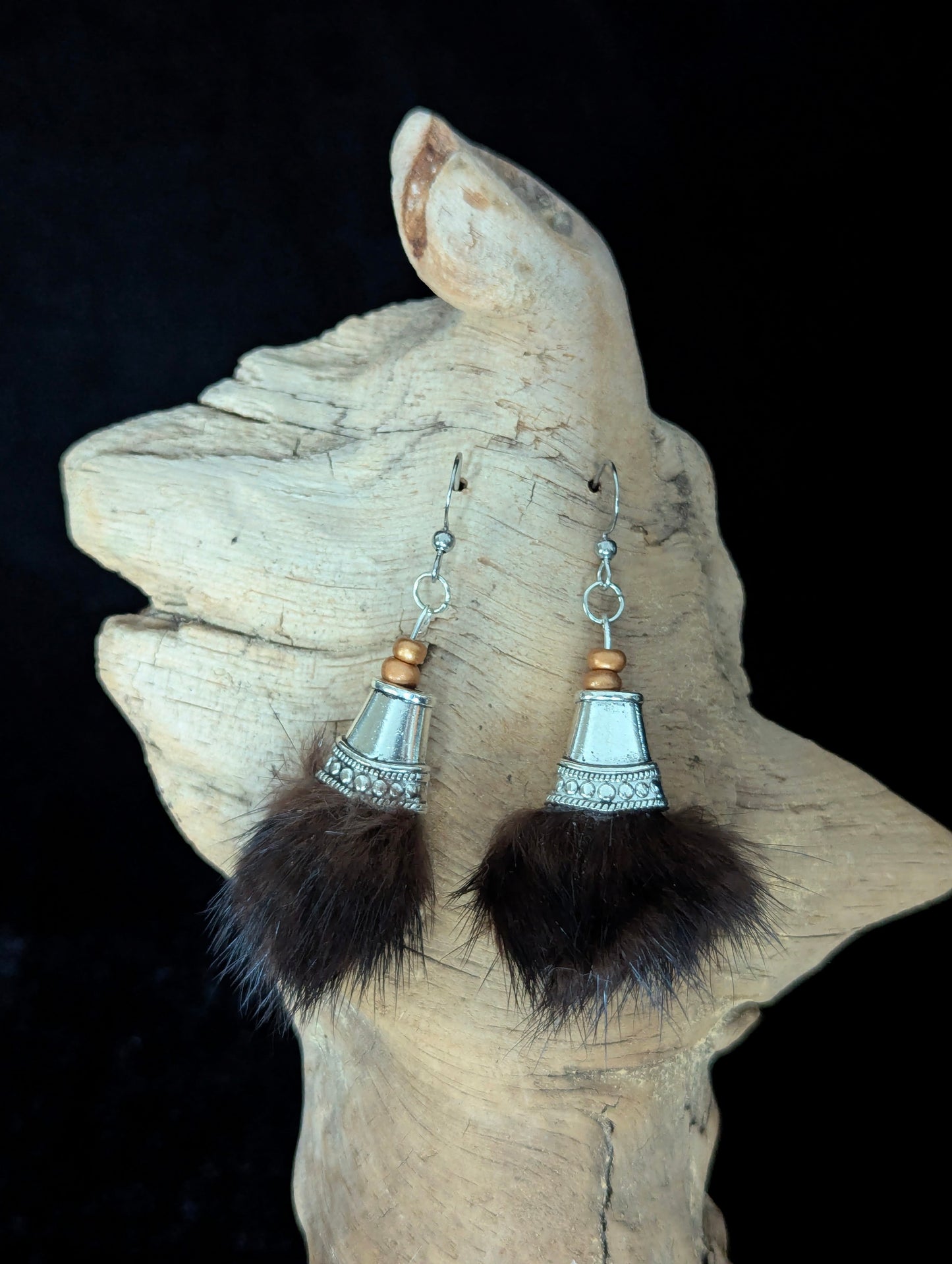 Recycled Small Dark Brown Fur Tassel Earrings - Curiosia Bazar