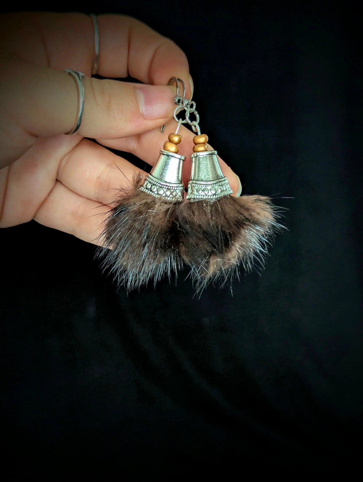 Recycled Small Dark Brown Fur Tassel Earrings - Curiosia Bazar