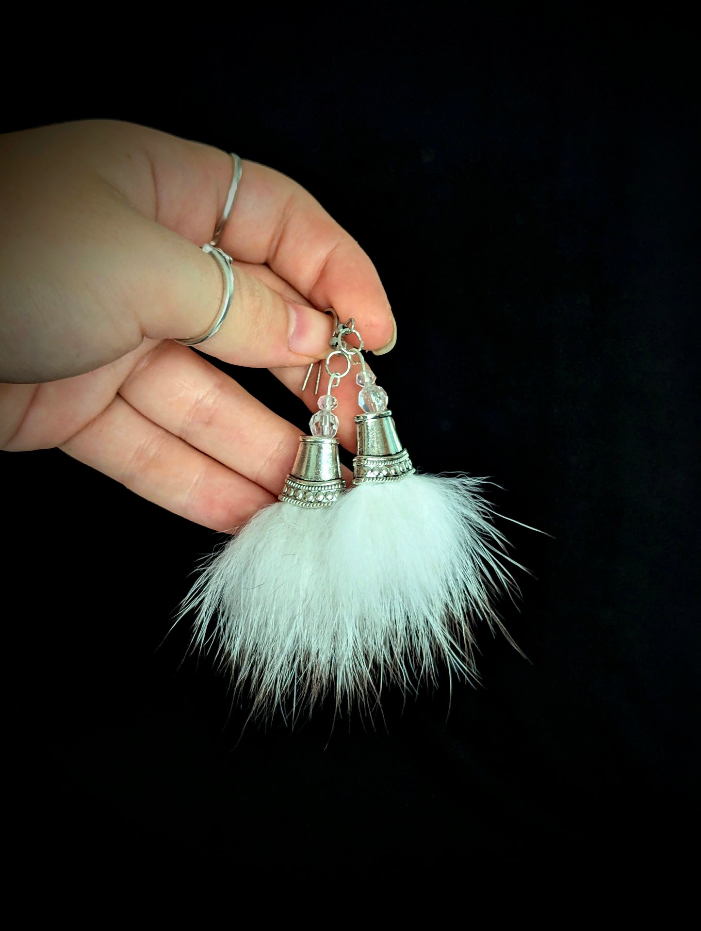 Recycled Small White Fur Tassel Earrings - Curiosia Bazar