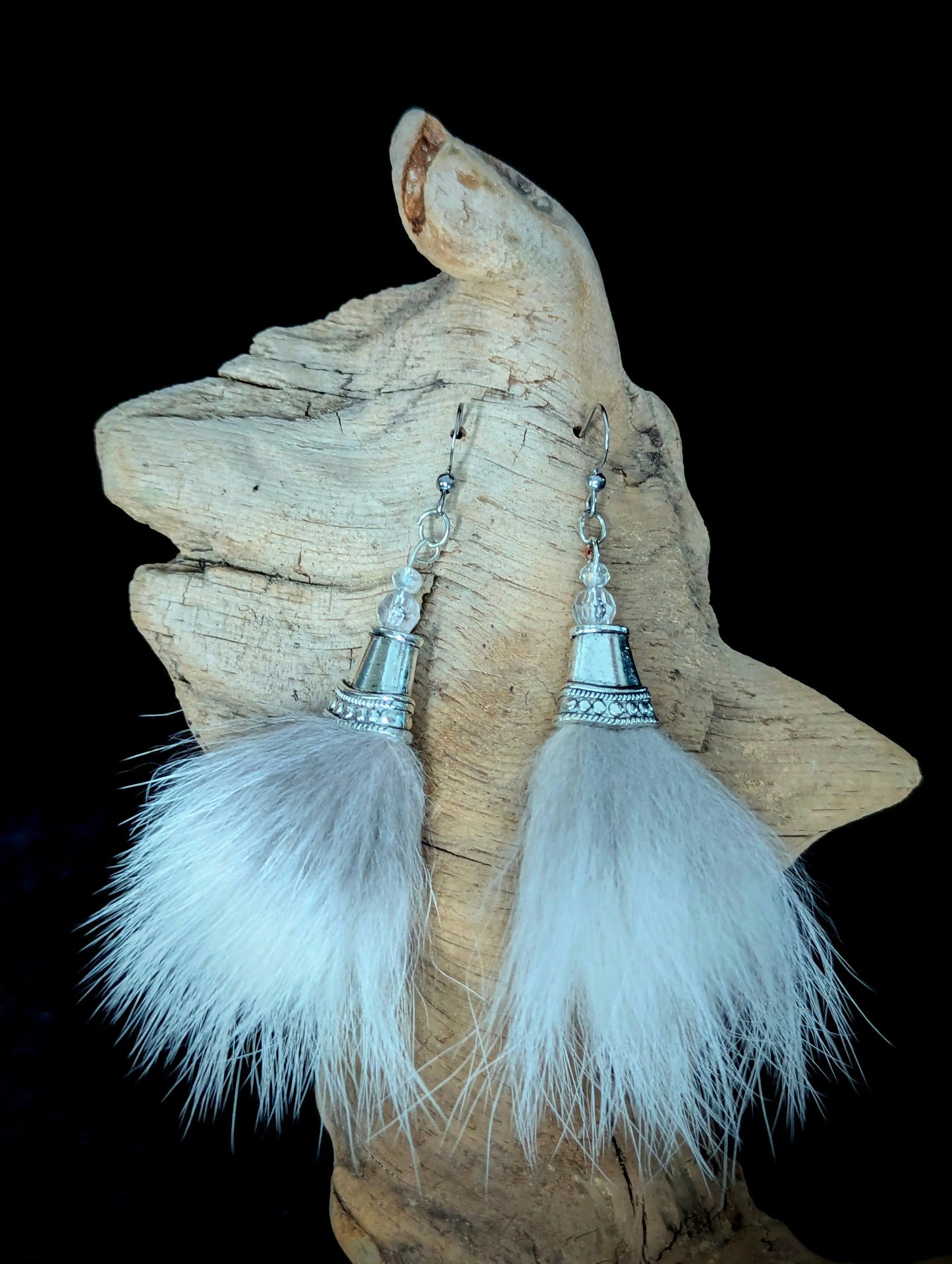 Recycled White Fur Tassel Earrings - Curiosia Bazar